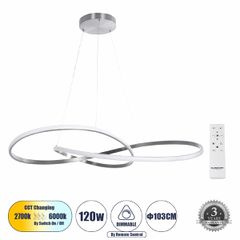 Κρεμαστό Φωτιστικό Οροφής Design LED CCT 120W 13440lm 300° AC 220-240V - Εναλλαγή Φωτισμού μέσω Τηλεχειριστηρίου All In One Ψυχρό 6000k+Φυσικό 4500k+Θερμό 2700k Dimmable Φ103cm - Νίκελ Βούρτσας - 3 Ye