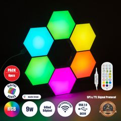 Σετ 6 Ψηφιακων LED RGB Φωτιστικών Κυψελών με Ψηφιακό Controller με WiFi Smart APP & Ασύρματο Χειριστήριο RF 2.4Ghz - LED SMD 5050 9W/Σετ 84PIXEL/Σετ 720lm/Σετ 120° DC 5V με USB 2.0 IP20 Πολύχρωμο RGB