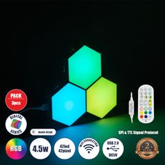 Σετ 3 Ψηφιακων LED RGB Φωτιστικών Κυψελών με Ψηφιακό Controller με WiFi Smart APP & Ασύρματο Χειριστήριο RF 2.4Ghz - LED SMD 5050 4.5W/Σετ 42PIXEL/Σετ 360lm/Σετ 120° DC 5V με USB 2.0 IP20 Πολύχρωμο RG