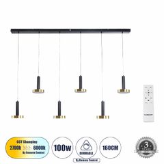 Κρεμαστό Φωτιστικό Design LED CCT 100W 11200lm 120° AC 220-240V IP20 - Εναλλαγή Φωτισμού μέσω Τηλεχειριστηρίου All In One Ψυχρό 6000k+Φυσικό 4500k+Θερμό 2700k Dimmable - Μ160 x Π15 x Υ20cm - Μαύρο & Χ