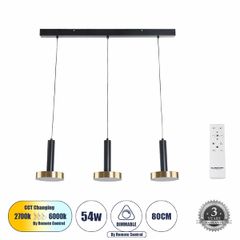 Κρεμαστό Φωτιστικό Design LED CCT 54W 6048lm 120° AC 220-240V IP20 - Εναλλαγή Φωτισμού μέσω Τηλεχειριστηρίου All In One Ψυχρό 6000k+Φυσικό 4500k+Θερμό 2700k Dimmable - Μ80 x Π15 x Υ20cm - Μαύρο & Χρυσ