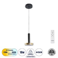 Κρεμαστό Φωτιστικό Design LED CCT 18W 2016lm 120° AC 220-240V IP20 - Εναλλαγή Φωτισμού μέσω Τηλεχειριστηρίου All In One Ψυχρό 6000k+Φυσικό 4500k+Θερμό 2700k Dimmable - Φ15 x Υ20cm - Μαύρο & Χρυσό - 3