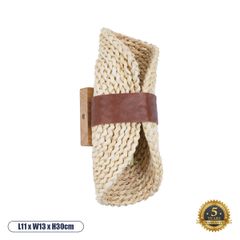 Boho Φωτιστικό Τοίχου - Απλίκα Δίφωτο 2 x G9 AC220-240V IP20 - Μ11 x Π13 x Υ30cm - Μπεζ Ξύλινο Μπαμπού Πλέγμα με Καφέ Δέρμα