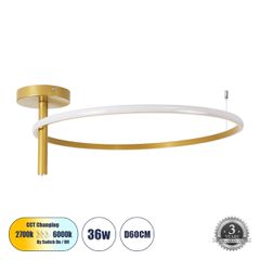 Φωτιστικό Οροφής Δαχτυλίδι-Κύκλος LED CCT 36W 4032lm 360° AC 220-240V - Εναλλαγή Φωτισμού μέσω Διακόπτη On/Off All In One Ψυχρό 6000k+Φυσικό 4500k+Θερμό 2700K Φ60 x Υ26cm - Χρυσό Βούρτσας - 3 Χρόνια Ε