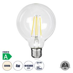 Λάμπα LED Long Filament E27 G95 Γλόμπος 4W 840lm 360° AC 220-240V IP20 Φ9.5 x Υ13.8cm Φυσικό Λευκό 4000K με Διάφανο Γυαλί - Pro Series 210lm/W - A Ενεργειακή Κλάση - 3 Χρόνια Εγγύηση