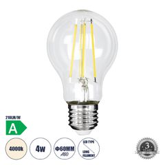 Λάμπα LED Long Filament E27 A60 Γλόμπος 4W 840lm 360° AC 220-240V IP20 Φ6 x Υ11cm Φυσικό Λευκό 4000K με Διάφανο Γυαλί - Pro Series 210lm/W - A Ενεργειακή Κλάση - 3 Χρόνια Εγγύηση