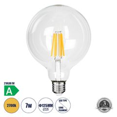 Λάμπα LED Long Filament E27 G125 Γλόμπος 7W 1470lm 360° AC 220-240V IP20 Φ12.5 x Υ13.8cm Θερμό Λευκό 2700K με Διάφανο Γυαλί - Pro Series 210lm/W - A Ενεργειακή Κλάση - 3 Χρόνια Εγγύηση