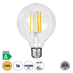 Λάμπα LED Long Filament E27 G95 Γλόμπος 7W 1470lm 360° AC 220-240V IP20 Φ9.5 x Υ13.8cm Θερμό Λευκό 2700K με Διάφανο Γυαλί - Pro Series 210lm/W - A Ενεργειακή Κλάση - 3 Χρόνια Εγγύηση