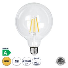 Λάμπα LED Long Filament E27 G125 Γλόμπος 4W 840lm 360° AC 220-240V IP20 Φ12.5 x Υ13.8cm Θερμό Λευκό 2700K με Διάφανο Γυαλί - Pro Series 210lm/W - A Ενεργειακή Κλάση - 3 Χρόνια Εγγύηση