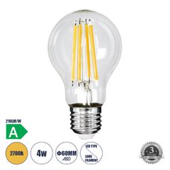 Λάμπα LED Long Filament E27 A60 Γλόμπος 4W 840lm 360° AC 220-240V IP20 Φ6 x Υ11cm Θερμό Λευκό 2700K με Διάφανο Γυαλί - Pro Series 210lm/W - A Ενεργειακή Κλάση - 3 Χρόνια Εγγύηση
