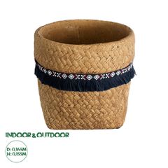 Διακοσμητικό Κεραμικό Κασπώ Γλάστρα - Flower Pot Καφέ με Μπλε Υφασμάτινη Κορδέλα και Λευκές - Κόκκινες Λεπτομέρειες Φ16.5 x Υ15.5cm