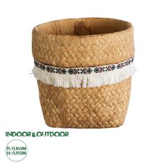 Διακοσμητικό Κεραμικό Κασπώ Γλάστρα - Flower Pot Καφέ με Λευκή Υφασμάτινη Κορδέλα και Μαύρες - Κόκκινες Λεπτομέρειες Φ16.5 x Υ15.5cm