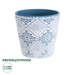 Διακοσμητικό Κεραμικό Κασπώ Γλάστρα - Flower Pot Λευκό με Μπλε Φ14 x Υ13cm