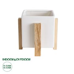 Διακοσμητικό Κεραμικό Κασπώ Γλάστρα - Flower Pot Λευκό με Μπεζ Ξύλο Φ16 x Υ16cm