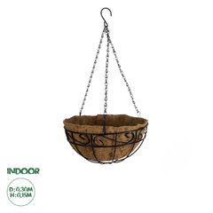 Κρεμαστό Διακοσμητικό Κασπώ Γλάστρα - Flower Pot από Φλοιό Καρύδας Καφέ με Μαύρη Μεταλλική Βάση Φ30 x Υ15cm