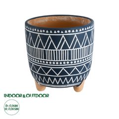 Διακοσμητικό Κεραμικό Κασπώ Γλάστρα - Flower Pot Μπλε με Λευκό Φ16 x Υ16.5cm
