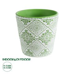 Διακοσμητικό Κεραμικό Κασπώ Γλάστρα - Flower Pot Λευκό με Πράσινο Φ14 x Υ13cm