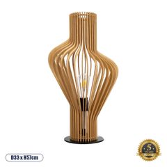 Boho Επιτραπέζιο Φωτιστικό Μονόφωτο 1 x E27 AC220-240V IP20 - Φ33 x Υ57cm - Καφέ Ξύλινο με Μαύρη Μεταλλική Βάση Πλέγμα - 5 Χρόνια Εγγύηση