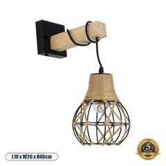 Boho Φωτιστικό Τοίχου - Απλίκα Μονόφωτο 1 x E27 AC 220-240V IP20 - Μ10 x Π26 x Υ40cm - Μαύρο Μεταλλικό με Ξύλο και Μπεζ Σχοινί Πλεγμα - 5 Χρόνια Εγγύηση