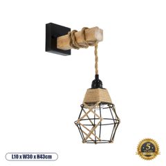 Boho Φωτιστικό Τοίχου - Απλίκα Μονόφωτο 1 x E27 AC 220-240V IP20 - Μ10 x Π30 x Υ43cm - Μαύρο Μεταλλικό με Ξύλο και Μπεζ Σχοινί Πλεγμα - 5 Χρόνια Εγγύηση