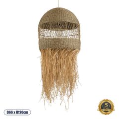 Boho Κρεμαστό Φωτιστικό Οροφής Μονόφωτο 1 x E27 AC220-240V IP20 - Φ66 x Υ120cm - Χακί Σχοινί με Μπεζ Φυσική Ράφια Νήμα Πλεγμα Καμπάνα - 5 Χρόνια Εγγύηση