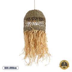 Boho Κρεμαστό Φωτιστικό Οροφής Μονόφωτο 1 x E27 AC220-240V IP20 - Φ30 x Υ90cm - Χακί Σχοινί με Μπεζ Φυσική Ράφια Νήμα Πλεγμα Καμπάνα - 5 Χρόνια Εγγύηση