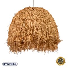 Boho Κρεμαστό Φωτιστικό Οροφής Μονόφωτο 1 x E27 AC220-240V IP20 - Φ120 x Υ100cm - Καφέ Φυσική Ράφια Νήμα Πλέγμα Καμπάνα - 5 Χρόνια Εγγύηση