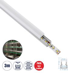 Προφίλ Αλουμινίου - Βάση & Ψύκτρα Ταινίας LED με Λευκό Γαλακτερό Κάλυμμα - Χρήση για Μοριακό Φωτισμό Γυαλιού Πάχους 8mm - Πατητό Κάλυμμα - Ασημί - 3 Μέτρα - Πακέτο 5 Τεμαχίων - Μ300 x Π1.1 x Υ1.7cm