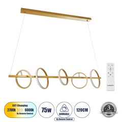 Κρεμαστό Φωτιστικό Οροφής Design LED CCT 75W 8400lm 360° AC 220-240V - Εναλλαγή Φωτισμού μέσω Τηλεχειριστηρίου All In One Ψυχρό 6000k+Φυσικό 4500k+Θερμό 2700k Dimmable Μ120 x Π25 x Υ25cm - Χρυσό - 3 Χ