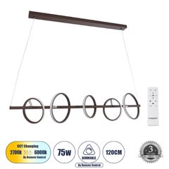 Κρεμαστό Φωτιστικό Οροφής Design LED CCT 75W 8400lm 360° AC 220-240V - Εναλλαγή Φωτισμού μέσω Τηλεχειριστηρίου All In One Ψυχρό 6000k+Φυσικό 4500k+Θερμό 2700k Dimmable Μ120 x Π25 x Υ25cm - Καφέ - 3 Χρ