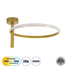 Φωτιστικό Οροφής Δαχτυλίδι-Κύκλος LED CCT 24W 2688lm 360° AC 220-240V - Εναλλαγή Φωτισμού μέσω Διακόπτη On/Off All In One Ψυχρό 6000k+Φυσικό 4500k+Θερμό 2700k Φ40 x Υ23cm - Χρυσό - 3 Χρόνια Εγγύηση