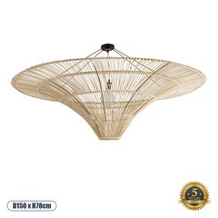Boho Φωτιστικό Οροφής Μονόφωτο 1 x E27 AC220-240V IP20 - Φ150 x Υ78cm - Μπεζ Ξύλινο Μπαμπού Πλέγμα - 5 Χρόνια Εγγύηση