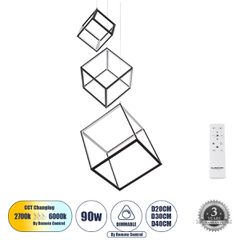 Κρεμαστό Φωτιστικό Οροφής Design LED CCT 90W 10350lm 360° AC 220-240V - Εναλλαγή Φωτισμού μέσω Τηλεχειριστηρίου All In One Ψυχρό 6000k+Φυσικό 4500k+Θερμό 2700k Dimmable Μ60 x Π60 x Υ80cm - Μαύρο - 3 Y