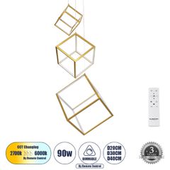 Κρεμαστό Φωτιστικό Οροφής Design LED CCT 90W 10350lm 360° AC 220-240V - Εναλλαγή Φωτισμού μέσω Τηλεχειριστηρίου All In One Ψυχρό 6000k+Φυσικό 4500k+Θερμό 2700k Dimmable Μ60 x Π60 x Υ80cm - Χρυσό Πλατί