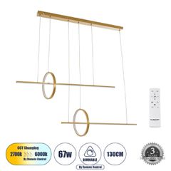 Κρεμαστό Φωτιστικό Οροφής Design LED CCT 67W 7504lm 300° AC 220-240V - Εναλλαγή Φωτισμού μέσω Τηλεχειριστηρίου All In One Ψυχρό 6000k+Φυσικό 4500k+Θερμό 2700k Dimmable Μ130 x Π25 x Υ60cm - Χρυσό Πλατί