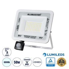 Επαγγελματικός Προβολέας LED 50W 6250lm 120° AC 220-240V με Ενσωματωμένο Ρυθμιζόμενο Αισθητήρα Κίνησης PIR - Αδιάβροχος IP67 - Μ21 x Π5 x Υ21cm - Λευκό - Ψυχρό Λευκό 6000K - LUMILEDS Chips - TÜV Rhein