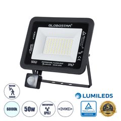 Επαγγελματικός Προβολέας LED 50W 6250lm 120° AC 220-240V με Ενσωματωμένο Ρυθμιζόμενο Αισθητήρα Κίνησης PIR - Αδιάβροχος IP67 - Μ21 x Π5 x Υ21cm - Μαύρο - Ψυχρό Λευκό 6000K - LUMILEDS Chips - TÜV Rhein