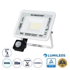 Επαγγελματικός Προβολέας LED 30W 3750lm 120° AC 220-240V με Ενσωματωμένο Ρυθμιζόμενο Αισθητήρα Κίνησης PIR - Αδιάβροχος IP67 - Μ16 x Π5 x Υ17.5cm - Λευκό - Ψυχρό Λευκό 6000K - LUMILEDS Chips - TÜV Rhe