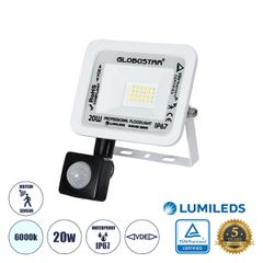 Επαγγελματικός Προβολέας LED 20W 2500lm 120° AC 220-240V με Ενσωματωμένο Ρυθμιζόμενο Αισθητήρα Κίνησης PIR - Αδιάβροχος IP67 - Μ12 x Π5 x Υ14.5cm - Λευκό - Ψυχρό Λευκό 6000K - LUMILEDS Chips - TÜV Rhe