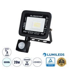 Επαγγελματικός Προβολέας LED 20W 2500lm 120° AC 220-240V με Ενσωματωμένο Ρυθμιζόμενο Αισθητήρα Κίνησης PIR - Αδιάβροχος IP67 - Μ12 x Π5 x Υ14.5cm - Μαύρο - Ψυχρό Λευκό 6000K - LUMILEDS Chips - TÜV Rhe