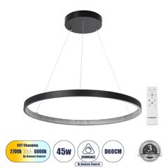 Κρεμαστό Φωτιστικό Δαχτυλίδι-Κύκλος LED CCT 45W 5040lm 360° AC 220-240V - Εναλλαγή Φωτισμού μέσω Τηλεχειριστηρίου All In One Ψυχρό 6000k+Φυσικό 4500k+Θερμό 2700k Dimmable Φ60cm - Μαύρο - 3 Years Warra