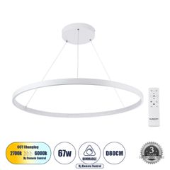 Κρεμαστό Φωτιστικό Δαχτυλίδι-Κύκλος LED CCT 67W 7504lm 360° AC 220-240V - Εναλλαγή Φωτισμού μέσω Τηλεχειριστηρίου All In One Ψυχρό 6000k+Φυσικό 4500k+Θερμό 2700k Dimmable Φ80cm - Λευκό - 3 Years Warra