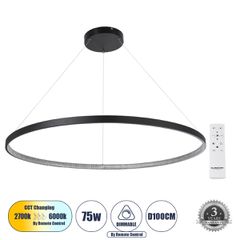 Κρεμαστό Φωτιστικό Δαχτυλίδι-Κύκλος LED CCT 75W 8400lm 360° AC 220-240V - Εναλλαγή Φωτισμού μέσω Τηλεχειριστηρίου All In One Ψυχρό 6000k+Φυσικό 4500k+Θερμό 2700k Dimmable Φ100cm - Μαύρο - 3 Years Warr