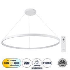 Κρεμαστό Φωτιστικό Δαχτυλίδι-Κύκλος LED CCT 75W 8400lm 360° AC 220-240V - Εναλλαγή Φωτισμού μέσω Τηλεχειριστηρίου All In One Ψυχρό 6000k+Φυσικό 4500k+Θερμό 2700k Dimmable Φ100cm - Λευκό - 3 Years Warr