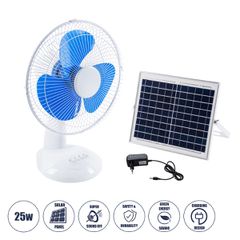 Solar Fan Αυτόνομος Ηλιακός Επιτραπέζιος Ανεμιστήρας 25W 2 Λειτουργιών Ρεύματος με AC 220-240V ή με Φωτοβολταϊκό Panel 9V 12W & Επαναφορτιζόμενη Μπαταρία Li-ion 7.4V 4400mAh - 3 Ταχύτητες - IP20 - Μ24