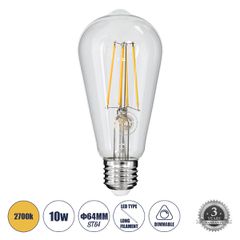 Λάμπα LED Long Filament E27 ST64 Αχλάδι 10W 1000lm 360° AC 220-240V IP20 Φ6.4 x Υ14cm Θερμό Λευκό 2700K με Διάφανο Γυαλί - Dimmable - 3 Years Warranty