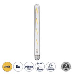 Λάμπα LED Long Filament E27 T30 Σωλήνας 8W 800lm 360° AC 220-240V IP20 Φ3 x Υ30cm Θερμό Λευκό 2700K με Διάφανο Γυαλί - Dimmable - 3 Years Warranty