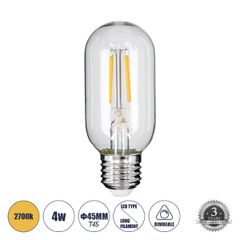 Λάμπα LED Long Filament E27 T45 Σωλήνας 4W 400lm 360° AC 220-240V IP20 Φ4.5 x Υ11cm Θερμό Λευκό 2700K με Διάφανο Γυαλί - Dimmable - 3 Years Warranty