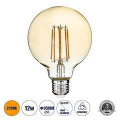 LED Long Filament Bulb E27 G95 Globe 12W 1080lm 360° AC 220-240V IP20 D9.5 x H13.5cm Ultra Θερμό Λευκό 2200K με Μελί Γυαλί - Dimmable - 3 Years Warranty