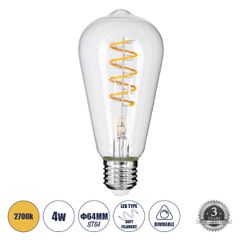 Λάμπα LED Soft S Spiral Filament E27 ST64 Αχλάδι 4W 300lm 360° AC 220-240V IP20 Φ6.4 x Υ14cm Θερμό Λευκό 2700K με Διάφανο Γυαλί - Dimmable - 3 Years Warranty